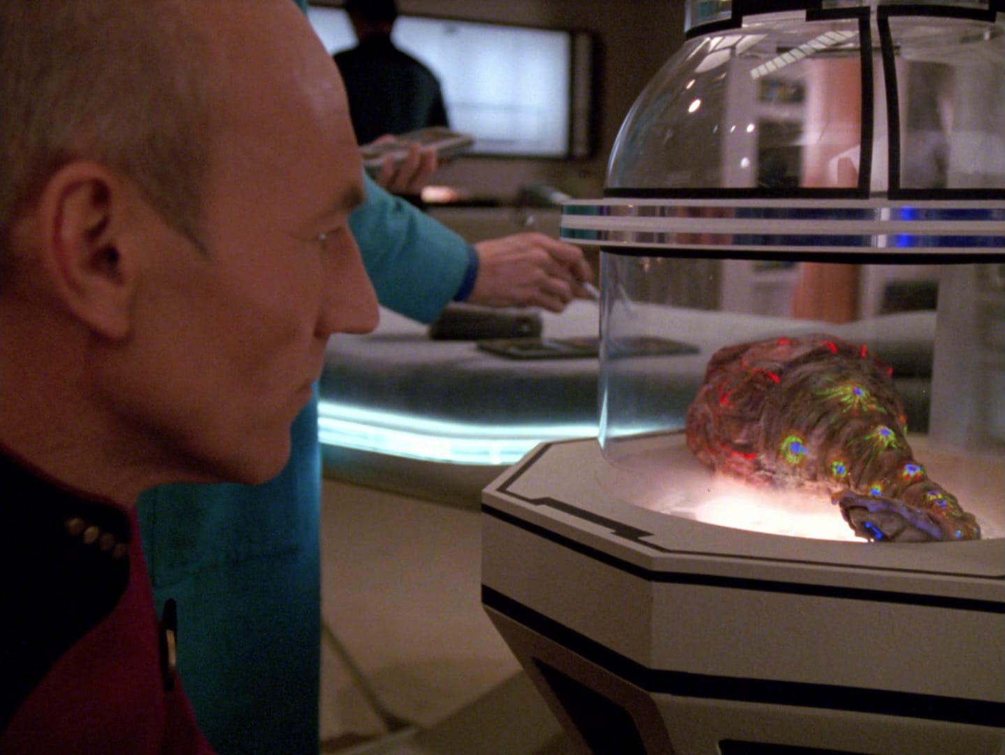 Picard looks at the colorful worm-like symbiont in a glass case.